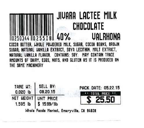 Whole Foods Market's Oakland Store Voluntarily Recalls Jivara Lactee Milk Chocolate Valrhona Cut and Wrap Pieces Due to Undeclared Tree Nut Allergen